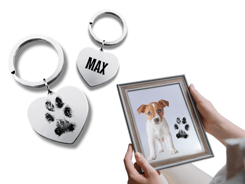husdjurs minnesnyckelring med graverat tassavtryck och hundnamn max i silverhjärta
